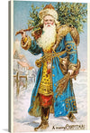 Immerse yourself in the magic of the holiday season with this enchanting print. The artwork features a figure reminiscent of Father Christmas, adorned in a richly detailed blue and gold robe, carrying a bundle of fresh greenery and a broom. Set against a snowy village backdrop bathed in the soft glow of winter, the scene is a heartwarming reminder of yesteryear’s Christmas traditions. 