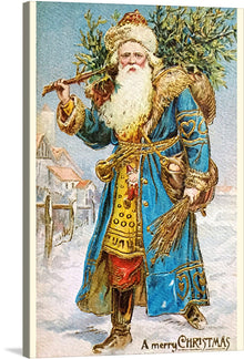  Immerse yourself in the magic of the holiday season with this enchanting print. The artwork features a figure reminiscent of Father Christmas, adorned in a richly detailed blue and gold robe, carrying a bundle of fresh greenery and a broom. Set against a snowy village backdrop bathed in the soft glow of winter, the scene is a heartwarming reminder of yesteryear’s Christmas traditions. 