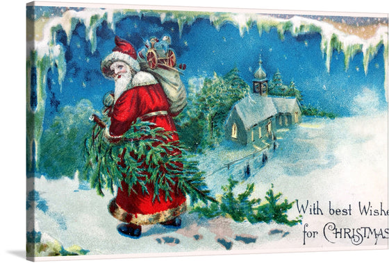 Step into the magical world of Christmas with this enchanting art print. The artwork captures the timeless charm of Santa Claus amidst a serene snowy landscape. Every detail, from Santa’s rosy cheeks to the quaint village church nestled in the snow, is rendered with exquisite artistry. The vibrant hues and intricate details promise to add a touch of warmth and nostalgia to your holiday décor. 