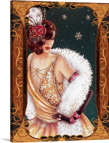  This enchanting Art Deco print transports you to the glamorous world of the 1920s and 1930s. Picture a frost-kissed Christmas soirée: a mysterious woman, draped in a gold-trimmed gown, her silhouette framed against a lush, dark green background adorned with intricate gold accents. 