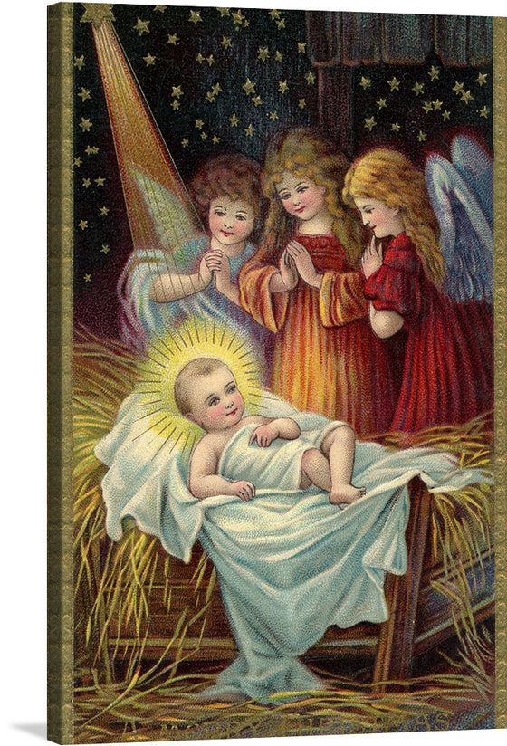 Immerse yourself in the celestial beauty of this exquisite artwork, now available as a premium print. The piece captures a serene moment, where figures are gathered around a radiant infant, enveloped in the soft glow of divine light. Every detail, from the star-studded backdrop to the tender expressions and intricate attire of the figures, is rendered with meticulous precision. 