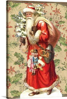  Step into the world of yesteryears with this enchanting artwork, a blend of vintage charm and festive spirit. The print captures a classic Santa Claus bearing gifts and the joys of the season in his overflowing sack. Set against a backdrop of aged sheet music adorned with holly leaves and berries, this piece is a dance of tradition and nostalgia. It’s more than a print; it’s a journey back to simpler times where holiday magic filled the air, and carolers’ melodies graced every corner.
