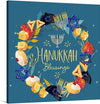 “Hanukkah Wreath” by Linnaea Mallette is a vibrant and warm artwork that captures the essence of Hanukkah. The print showcases a beautifully detailed menorah aglow with candles against a backdrop that transitions from the rich browns of the earth to the serene blues of the night sky. 