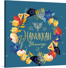  “Hanukkah Wreath” by Linnaea Mallette is a vibrant and warm artwork that captures the essence of Hanukkah. The print showcases a beautifully detailed menorah aglow with candles against a backdrop that transitions from the rich browns of the earth to the serene blues of the night sky. 