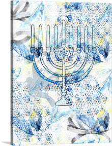  Immerse yourself in the serene beauty of this exquisite artwork, a print that captures the harmonious blend of tradition and nature. The central focus is a meticulously detailed menorah, each line and curve echoing the rich heritage it represents. It stands against a backdrop of ethereal blue hues and delicate foliage, an artistic dance of color and form that invites contemplation and admiration.