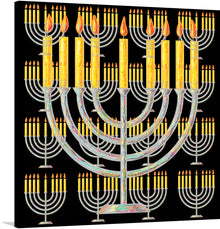  Illuminate your space with the mesmerizing glow of this exclusive art print, a contemporary interpretation of the traditional Menorah. Each candle, ablaze with vibrant hues of yellow and orange, casts an ethereal light against the stark, contrasting backdrop. The intricate patterns and radiant colors breathe life into this iconic symbol, making it a captivating addition to any room. 