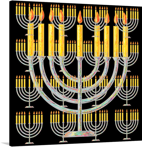 Illuminate your space with the mesmerizing glow of this exclusive art print, a contemporary interpretation of the traditional Menorah. Each candle, ablaze with vibrant hues of yellow and orange, casts an ethereal light against the stark, contrasting backdrop. The intricate patterns and radiant colors breathe life into this iconic symbol, making it a captivating addition to any room. 