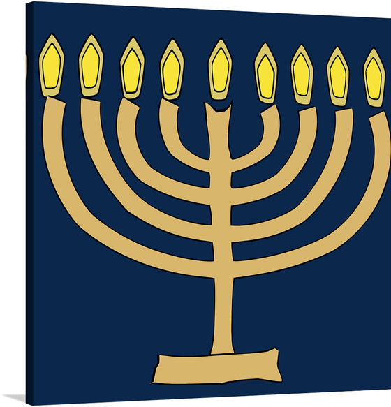 The artwork features a gold-colored menorah against a vibrant blue background. The menorah, with its nine curved branches each ending in a point, stands on a rectangular base, creating a dynamic silhouette.