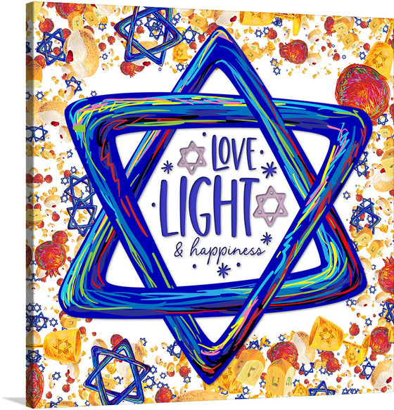 Illuminate your space with this vibrant and colorful artwork, a print that exudes “Love, Light & Happiness.” The mesmerizing intertwining of blue hues forms a Star of David at the center, surrounded by an eclectic mix of symbols and patterns. 