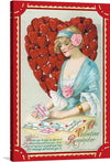 This exquisite artwork, available as a print, captures the timeless essence of love and affection. The central figure, adorned in a classic attire with delicate roses, is enveloped by an aura of elegance and grace. She is depicted writing a heartfelt message on a card, symbolizing the personal touch in every handwritten note. Behind her, a heart made of smaller radiant hearts pulsates with the universal language of love. 