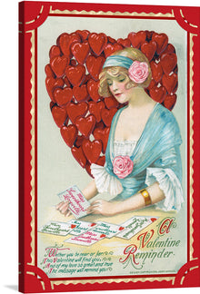  This exquisite artwork, available as a print, captures the timeless essence of love and affection. The central figure, adorned in a classic attire with delicate roses, is enveloped by an aura of elegance and grace. She is depicted writing a heartfelt message on a card, symbolizing the personal touch in every handwritten note. Behind her, a heart made of smaller radiant hearts pulsates with the universal language of love. 