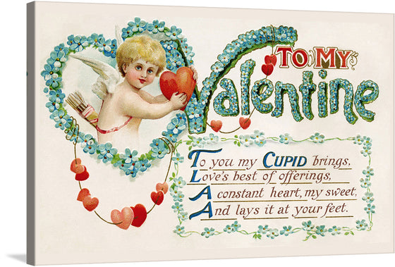 This enchanting art print, reminiscent of a classic Valentine’s card, is a celebration of love and affection. It features a cherubic cupid encased in a heart adorned with vibrant blue flowers and lush greenery. The cupid tenderly holds a red heart, symbolizing the purest form of love. 