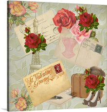  Immerse yourself in the romantic allure of this exclusive artwork print, “Vintage Love”. This harmonious blend of vintage elegance and floral beauty transports you to a world where love letters and Valentine greetings are cherished keepsakes. The intricate details of postcards, stamps, and handwritten notes intermingle with vibrant florals, evoking a sense of timeless romance.