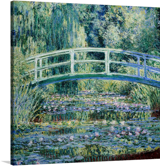 In Claude Monet's "Water Lilies and Japanese Bridge" (1899), the artist invites the viewer into a serene and idyllic world of water lilies, bridges, and tranquil waters.  Set in Monet's beloved garden at Giverny, France, the painting captures the essence of Impressionism with its loose brushstrokes, vibrant colors, and play of light on water.