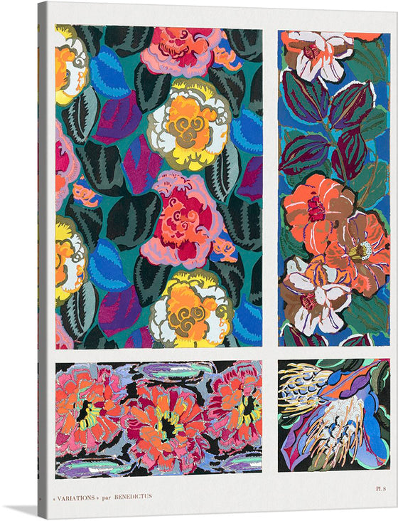 "Variations: Quatre-Vingt-Six Motifs Decoratifs En Vingt Planches" is a collection of 86 decorative motifs created by the French artist Edouard Benedictus in 1928. The collections features intricate designs of plant forms and floral motifs, rendered in bold colors and simple shapes. 