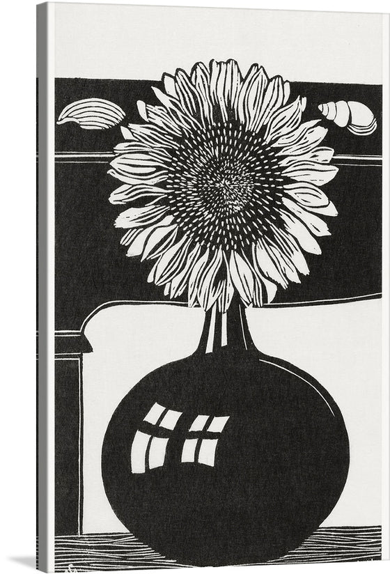 “Sunflower (Zonnebloem) (1914)” by Samuel Jessurun de Mesquita is a captivating linocut print that transports viewers into a world of delicate beauty. The monochromatic palette, reminiscent of vintage photographs, accentuates the intricate details of a sunflower in full bloom. Each petal unfurls gracefully, revealing its textured surface, while the leaves and stem intertwine with elegant precision. 