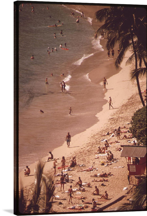 “Waikiki Beach” by Charles O’Rear invites you to step into a sun-soaked paradise where the golden sands meet the azure waves. This exquisite print captures the essence of leisure and connection. Imagine palm trees swaying gently, their fronds framing a scene of beachgoers basking in radiant sunlight. The water beckons, inviting playful interactions, while the lifeguard tower stands watch over this idyllic haven. 