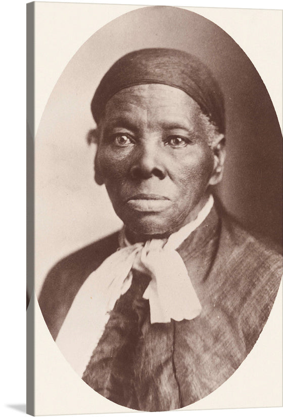 This captivating print titled “Harriet Ross Tubman” captures a moment frozen in the annals of history evoking a sense of mystery and intrigue. The sepia tones imbue the artwork with a nostalgic aura, transporting viewers back to an era long past. Adorned in vintage attire, with a neatly tied bow around the neck, the subject exudes an air of elegance and refinement.