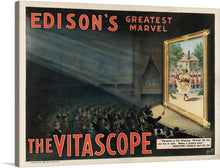  Edison's Greatest Marvel: The Vitascope is a stunning vintage poster advertising the invention of the Vitascope, one of the earliest movie projectors. The poster features a dramatic image of a Vitascope projector projecting a moving image onto a screen.