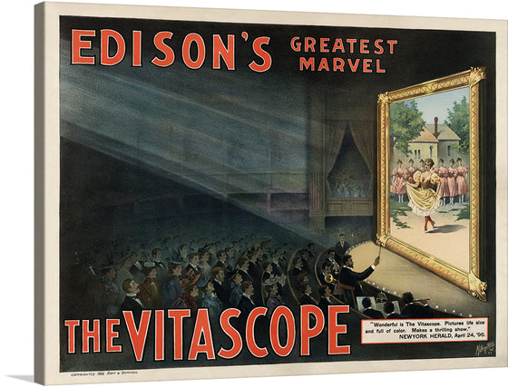 Edison's Greatest Marvel: The Vitascope is a stunning vintage poster advertising the invention of the Vitascope, one of the earliest movie projectors. The poster features a dramatic image of a Vitascope projector projecting a moving image onto a screen.