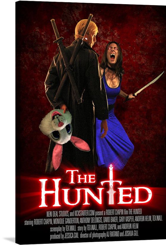 “The Hunted” is a captivating artwork that plunges you into a world of suspense and drama. This print, available for purchase, features two figures poised for action against a backdrop of intense red hues, evoking a sense of danger and urgency. One figure, clad in black, holds an eerie plush toy with X’s for eyes, adding an uncanny twist to the scene. Every detail in this artwork is meticulously crafted, from the weapons the figures wield to the stitches on the plush toy. 