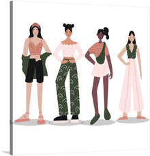  Introducing our latest art print, a celebration of diversity and style! This artwork captures four figures, each showcasing a unique and trendy outfit that embodies individuality and fashion-forward thinking.