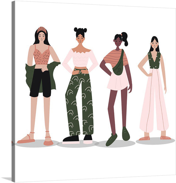 Introducing our latest art print, a celebration of diversity and style! This artwork captures four figures, each showcasing a unique and trendy outfit that embodies individuality and fashion-forward thinking.