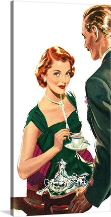   The woman is wearing a stunning green dress with a pearl necklace, while the man is in a suit. The illustration is a perfect representation of the vintage era, with the couple being the main subject of the image.