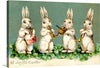 Step into the whimsical world of Easter celebrations with this charming artwork, now available as a premium print! Four adorable bunnies, meticulously illustrated, are caught in a moment of jubilation, playing instruments and heralding the arrival of spring. Set against a backdrop of lush greenery, this piece encapsulates the essence of renewal and festivity.