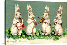  Step into the whimsical world of Easter celebrations with this charming artwork, now available as a premium print! Four adorable bunnies, meticulously illustrated, are caught in a moment of jubilation, playing instruments and heralding the arrival of spring. Set against a backdrop of lush greenery, this piece encapsulates the essence of renewal and festivity.
