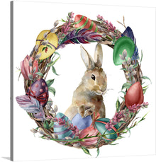  “Easter Bunny Wreath” is a beautiful and charming print that is perfect for the spring season. The print features a watercolor wreath of pastel-colored Easter eggs and flowers, with a cute bunny in the center. The bunny is light brown with white fur and is sitting on a bed of green leaves. 