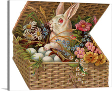  This charming print of a white rabbit sitting in a basket of eggs and flowers is a perfect way to celebrate Easter or to add a touch of springtime to your home décor. The rabbit is depicted in a realistic style, with its soft fur and expressive eyes.