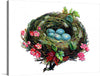 Immerse yourself in the serene beauty of nature with this exquisite print, capturing a meticulously detailed bird’s nest cradling a clutch of delicate blue eggs. Every strand of the nest, woven with artistic precision, tells a story of natural harmony and maternal warmth. Adorned with vibrant blossoms that breathe life and color into the piece, this artwork is a testament to the intricate beauty that lies in nature’s simplest creations. 