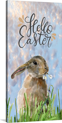  “Hello Easter Bunny” is a delightful print that captures the essence of spring in every brush stroke. It features a tender and beautifully rendered bunny nestled amidst vibrant green grass under the soft gaze of a sunlit sky. The whimsical play of light creates an ethereal backdrop, illuminating the scene with a gentle glow. 