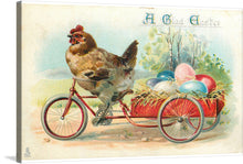  Step back in time with this enchanting vintage Easter card. The card depicts a whimsical scene of a chicken confidently riding a bicycle. Its vibrant colors and intricate details capture the essence of a bygone era. 