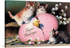 “Easter Cats With Chick” is a delightful print that is sure to brighten up any room. The print features three curious kittens and a chick perched on a pink Easter egg. The colors are vibrant and the details are intricate, making this a perfect addition to any collection. 