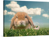 “Easter Rabbit” is a playful and charming print that would make a great addition to any home. The print features a close-up of a cute bunny with a basket of Easter eggs in the background. The colors are vibrant and the composition is well-balanced, making it a perfect piece for any room. This is a digital art print of a brown bunny in a grassy field with a blue sky and white clouds in the background. 