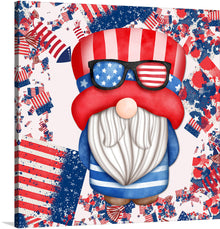  A whimsical gnome adorned in the iconic red, white, and blue stands proudly against a backdrop sprinkled with miniature American flags. The gnome’s striped hat and star-spangled sunglasses exude an air of celebration and unity.