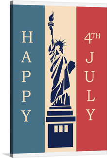  This captivating print of the Statue of Liberty is a striking celebration of American pride. The modern, graphic style captures the iconic silhouette against a triptych backdrop. On the left, bold white letters spell out “HAPPY,” while the right proclaims “4TH JULY.” 