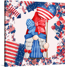   A whimsical gnome adorned in stars and stripes holds aloft a heart-shaped American flag, symbolizing love and unity. The backdrop, a dynamic collage of red, white, and blue motifs, adds depth and texture. 