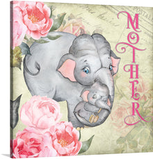  This artwork is a heartwarming portrayal of the unbreakable bond between a mother and her child, symbolized through the tender embrace of a mother elephant and her calf. The central focus is on the beautifully illustrated grey elephant with pink ears, cradling her baby, surrounded by large, detailed pink roses that add a vibrant contrast.