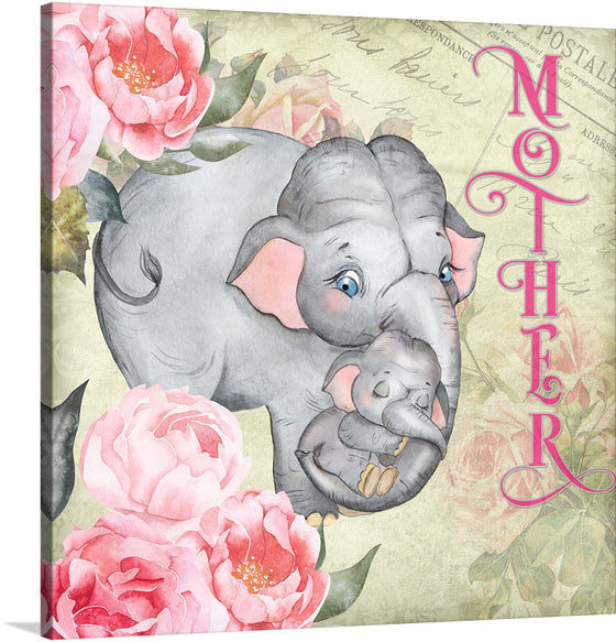 This artwork is a heartwarming portrayal of the unbreakable bond between a mother and her child, symbolized through the tender embrace of a mother elephant and her calf. The central focus is on the beautifully illustrated grey elephant with pink ears, cradling her baby, surrounded by large, detailed pink roses that add a vibrant contrast.