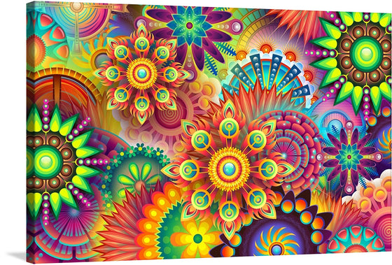 Dive into a world of mesmerizing vibrancy with this exclusive print. This artwork, featuring radiant hues of reds, greens, and blues, and intricate patterns that seem to leap off the canvas, invites viewers into a realm of creativity and inspiration. The psychedelic quality of the artwork, with its vivid colors and repetitive patterns, adds a kaleidoscopic touch to any space.