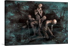  This art print is a haunting and surreal depiction of four figures in a dark and moody setting. The figures appear to be made of stone or marble, and are posed in a way that suggests they are struggling or in pain. The use of color and texture in this piece adds to the overall feeling of unease and mystery.