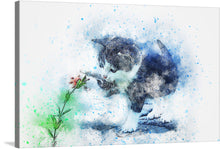  “Kitten with Flower” is a mesmerizing artwork that captures the innocence and wonder of a young cat exploring nature. The painting features a charming kitten sitting amidst a bed of colorful flowers, gazing at the viewer with its big, curious eyes. The vibrant colors and intricate details of the flowers are beautifully rendered, creating a sense of joy and wonder. 