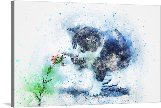 “Kitten with Flower” is a mesmerizing artwork that captures the innocence and wonder of a young cat exploring nature. The painting features a charming kitten sitting amidst a bed of colorful flowers, gazing at the viewer with its big, curious eyes. The vibrant colors and intricate details of the flowers are beautifully rendered, creating a sense of joy and wonder. 