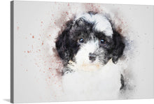  Adorn your space with the mesmerizing gaze of this exquisite artwork print, capturing the innocent allure of a puppy enveloped in a dance of watercolor splashes. Every brush stroke, every hue of color, breathes life into this tender moment frozen in time. The puppy’s soulful blue eyes, set against the contrasting harmony of black and white fur, beckon viewers into a world where art and emotion intertwine.