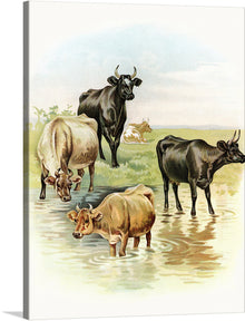  This beautiful print of cows in a peaceful meadow is sure to add a touch of charm to any room. The cows are depicted in a realistic style, with a variety of colors and breeds. The background is a serene landscape with a river and trees. This print would make a great addition to a farmhouse or country-themed decor.