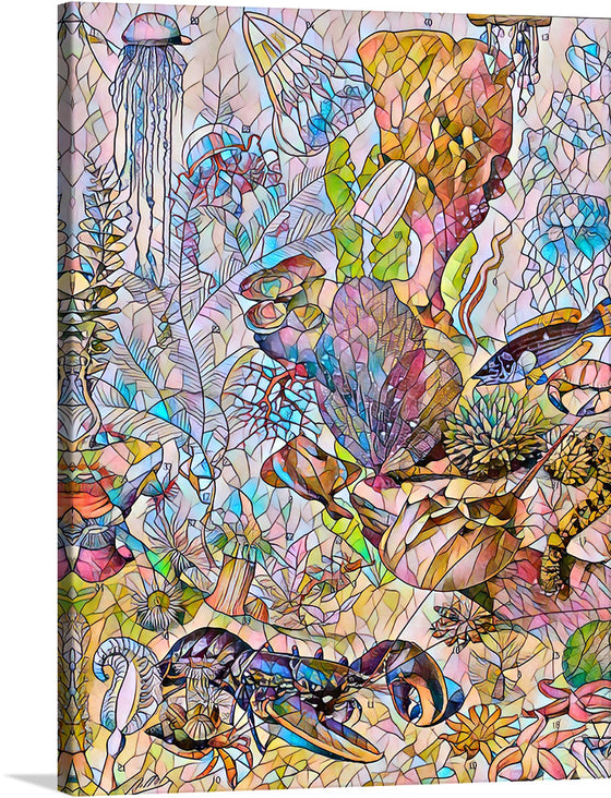 This stunning stained-glass painting of a coral reef is a vibrant and whimsical celebration of life under the sea. The artist has used a variety of colors and textures to create a truly breathtaking image.