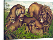  This captivating print features a tender moment within a family of lions, set against the backdrop of an idyllic landscape. The artwork is rich in detail and color, from the majestic male lion watching over his family, to the nurturing lioness interacting affectionately with their cubs. The serene setting, lush with detailed foliage and clear skies, adds depth to the scene. 